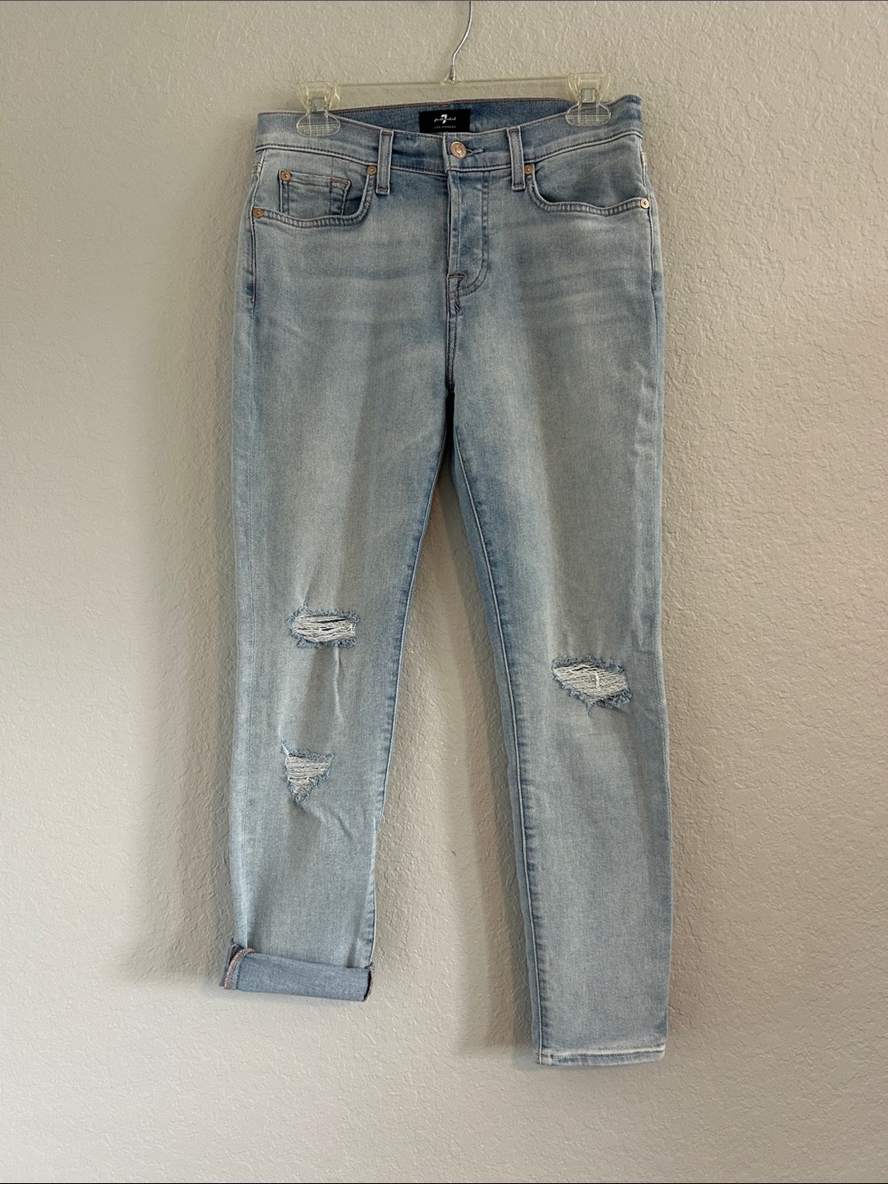 7 For All Mankind Light Blue Distressed Boyfriend Jeans